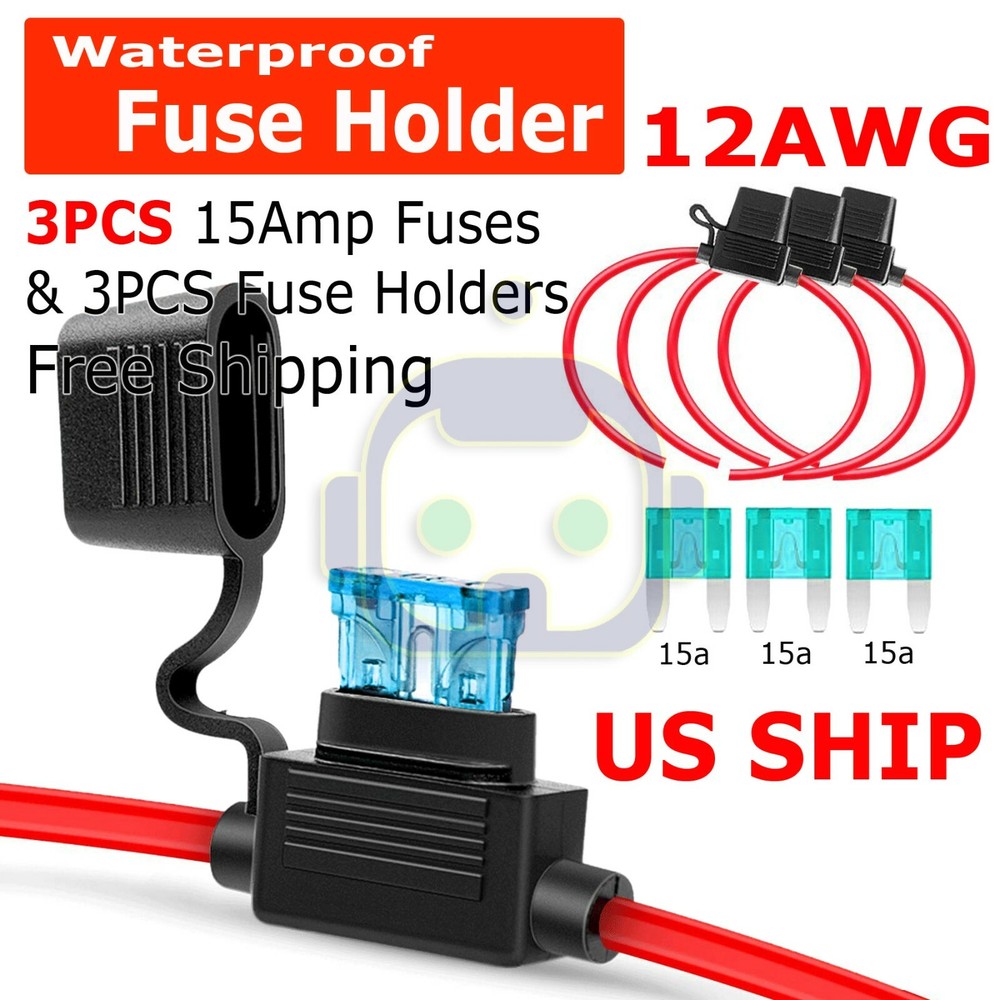 3 Pack 12 Gauge 15A ATC Mini Blade Holder Copper Wire Add Circuit Fuse Tap