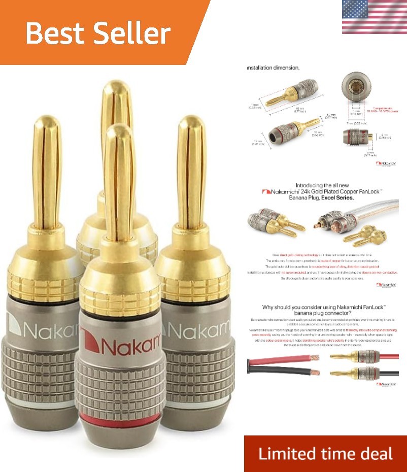 FanLock 24k Gold Plated Banana Plugs – 10-18 AWG, Quick Connect for Hi-Fi Audio