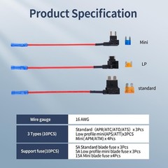 10 Pack 3 Types 12V Car Add-a-Circuit Fuse Tap Adapter,Standard Mini Micro2 F…