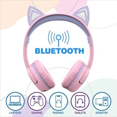 FosPower Kids Headphones Bluetooth Wireless/Wired Headphones with LED Cat Ears