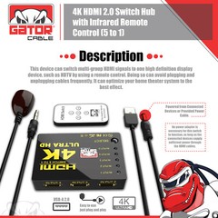 4K HDMI 2.0 Cable Splitter Switcher Box Hub IR Remote Control 5X1 Power 5 to 1