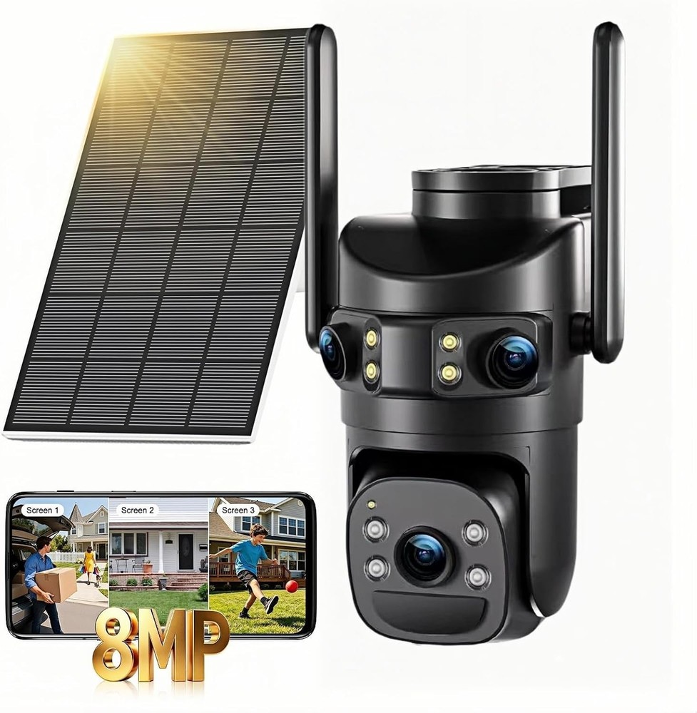 8MP 6K Triple Lens Solar Security Camera Outdoor, 5GHz/2.4GHz WiFi Wireless PTZ
