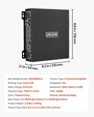 VEVOR Car Audio Amplifier Car Amplifier 2-Channel Class AB Max. 2x300W at 4 Ohms