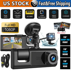 Car Dual Lens Dash Cam HD 1080P Front/Rear/Inside Video Recorder Camera G-Sensor