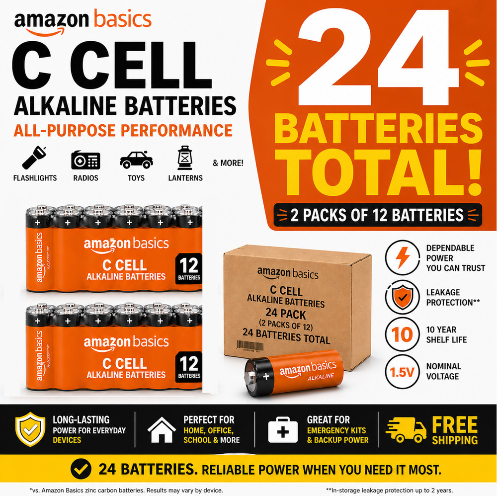 Amazon Basics 24-Pack C Cell Alkaline All-Purpose Batteries 1.5 Volt New, Sealed