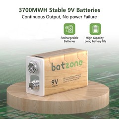 2 Pack 3700mWh 9V Rechargeable Lithium ion Battery With USB-C Type-C Battery