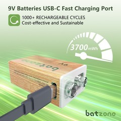 2 Pack 3700mWh 9V Rechargeable Lithium ion Battery With USB-C Type-C Battery