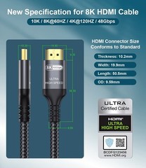 Certified 10K 8K HDMI 2.1 Cable 1.64 FT, 48Gbps Ultra High Speed FT/0.5m