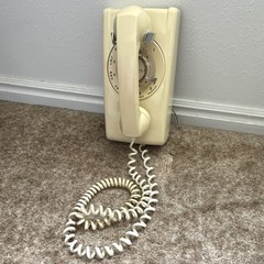 Vintage Beige Wall Mount Rotary Dial Telephone w/ Handset & Coiled Cord WORKING