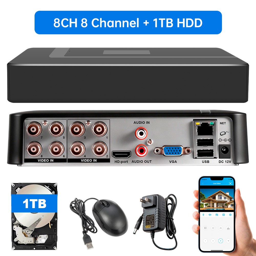 8 Channel 8CH 6-in-1 DVR 1TB Hard Drive Ready To Plug Play CCTV Recorder