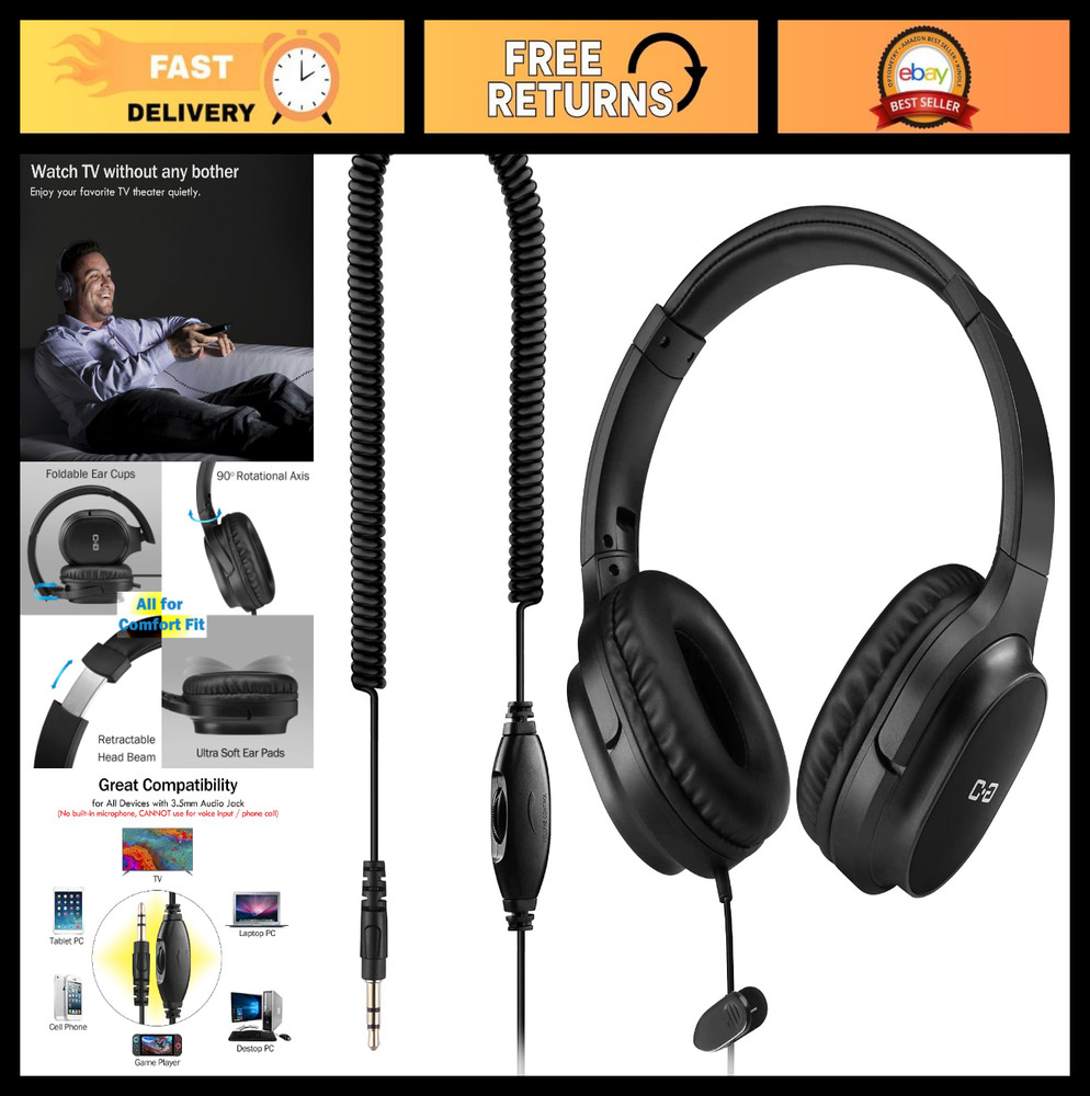 Extra Long 18ft Headphones for TV & PC, Volume Control, Wired Over Ear Stereo, 3