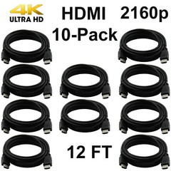 Pack of 10 Digital High-Speed 1.4 HDMI Cables PVC 2160p Black Cord (12 feet)