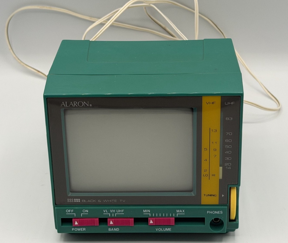 Vintage 80s Alaron Teal Pink Yellow Mini 4.5” Screen B/W TV Television WORKS!