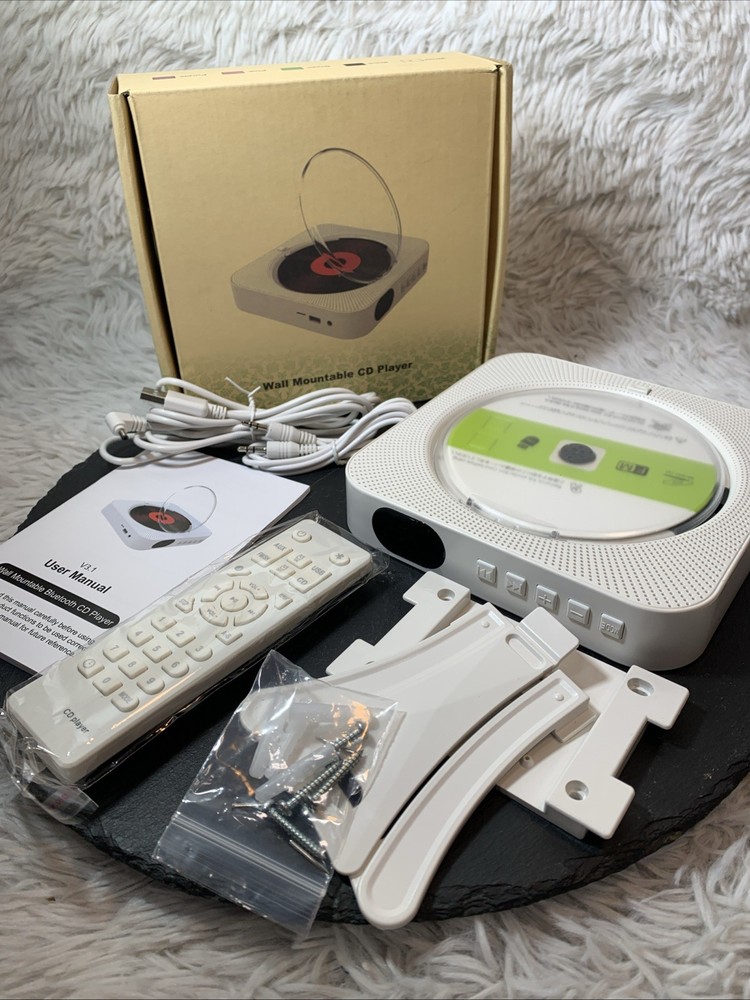 Wall Mountable Bluetooth CD Player, White w/Remote Control, Portable