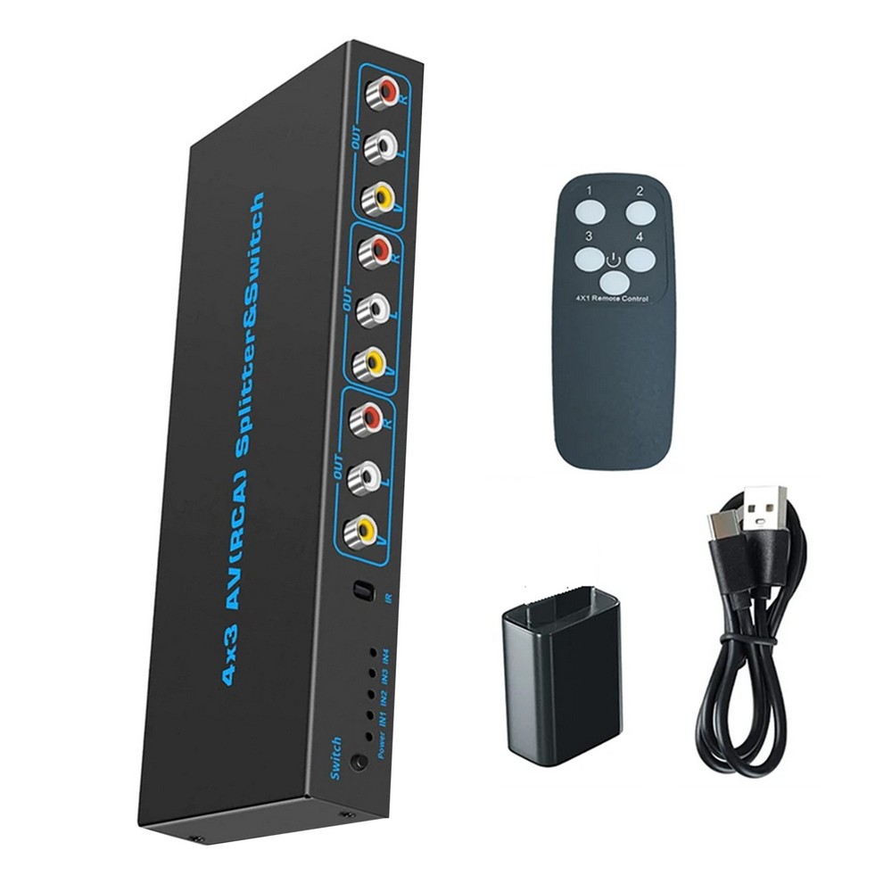 4 in 3 out AV Audio Video L/R Stereo Selector Box 4 Way RCA Switch Splitter Box