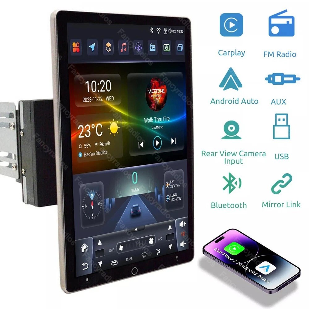 Rotatable 10.1” Double 2Din Android 15 Car Stereo Radio Carplay GPS WiFi BT FM