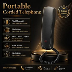 Black Wired Corded Landline Phone Desk Wall Mount Telephone Home Office Use