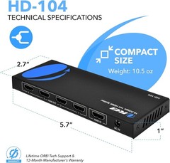 OREI HDMI Splitter 1 in 4 Out – 4K@30Hz HDMI 2.0 Splitter with HDCP 1.4, EDID Ma