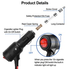 2pcs 12-24V Fused LED Car Cigarette Lighter Plug Socket Cable Adapter w/ Switch