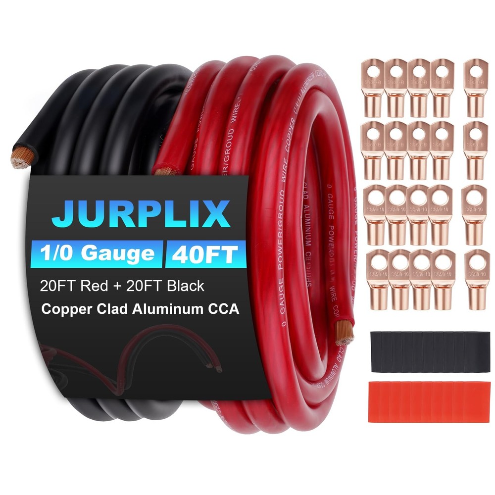 0 Gauge Wire 1/0 AWG Battery Cable (20FT Red+20FT Black) For Car Audio Speaker