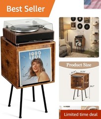 Rustic Brown Vinyl Record Stand with Flip-Top Lid – Organizes 100+ Albums Safely