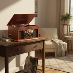 Elegant 6-in-1 Multimedia Center with Bluetooth – Mahogany Turntable & Speakers