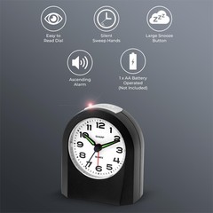 Small Battery Operated Analog Alarm Clock Silent No Ticking, Lighted on Deman…