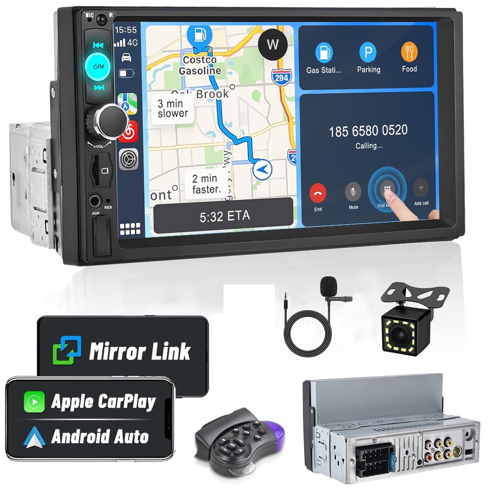 7″ Single DIN Car Stereo Radio With Wired Android Auto Carplay GPS +Back up Cam