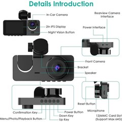Dash Cam 3 Channel Front Rear Inside Camera with 32GB Memory Card WiFi G-Sensor