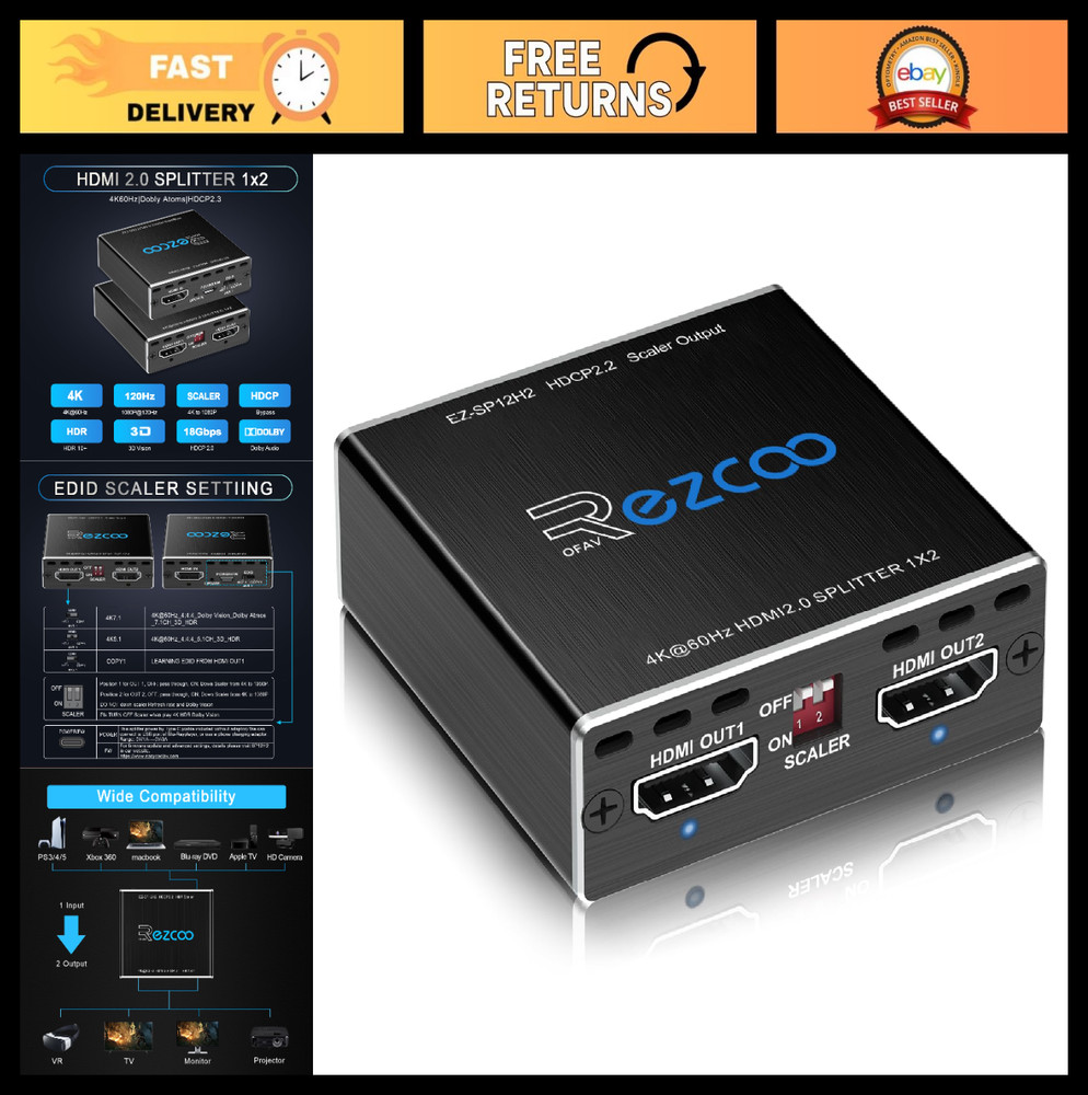 4K HDMI Splitter 1×2 – HDR, Dolby Vision, Down Scaler, HDCP2.2, EDID, Game Conso