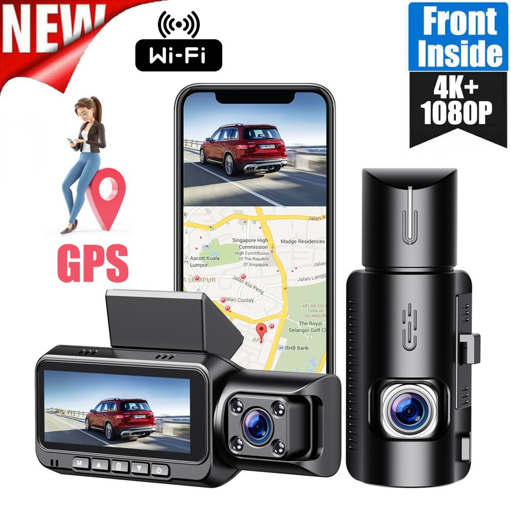 4K WiFi GPS Dual Dash Cam 3″ Screen 2160P+1080P Car Camera Night Vision G-Sensor