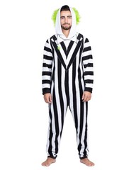 Beetlejuice Adult Mens Black White Striped Hooded Pajama Costume Halloween NWT