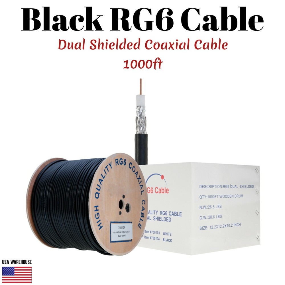 1000ft RG6 Dual Shield Coaxial Cable Black Wire TV Antenna Satellite 18AWG Bulk