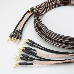 One Pair Braided Litz OFC Copper Speaker Cable Wire HiFi Bi-Wire Banana to Spade