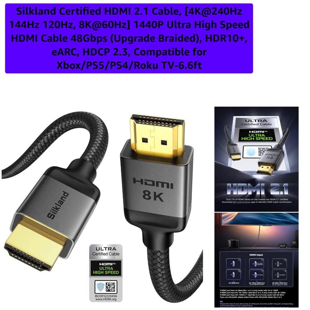Certified HDMI 2.1 Cable, [4K@240Hz 144Hz 120Hz, 8K@60Hz] 1440P Ultra High Sp…