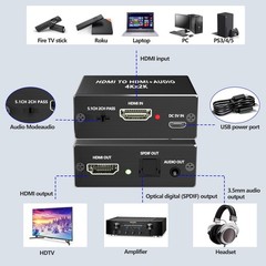 HDMI Audio Extractor, 4K x 2K Audio Splitter, 4K30Hz HD MI Input to HDMI + Op…