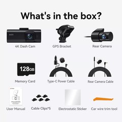 REDTIGER FTNT 128GB Card Voice Control 4K Dash Cam Front and Rear, Touch Screen