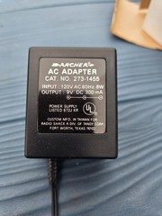 NOS Archer Power Adapter 273-1455A INPUT: 120V AC 60Hz 8W OUTPUT: 9V DC 300mA