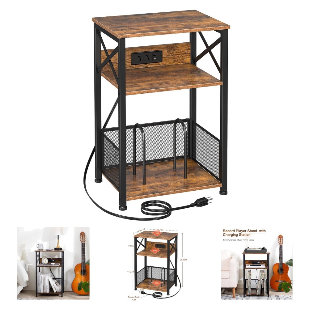 Rustic Vinyl Record Player Stand with Charging Station – 3-Tier Storage Table