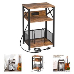 Rustic Vinyl Record Player Stand with Charging Station – 3-Tier Storage Table