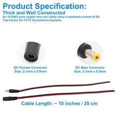 (Real 18AWG) 1 Pairs 12V 5A DC Power Pigtail Barrel Plug Connector Male + Female