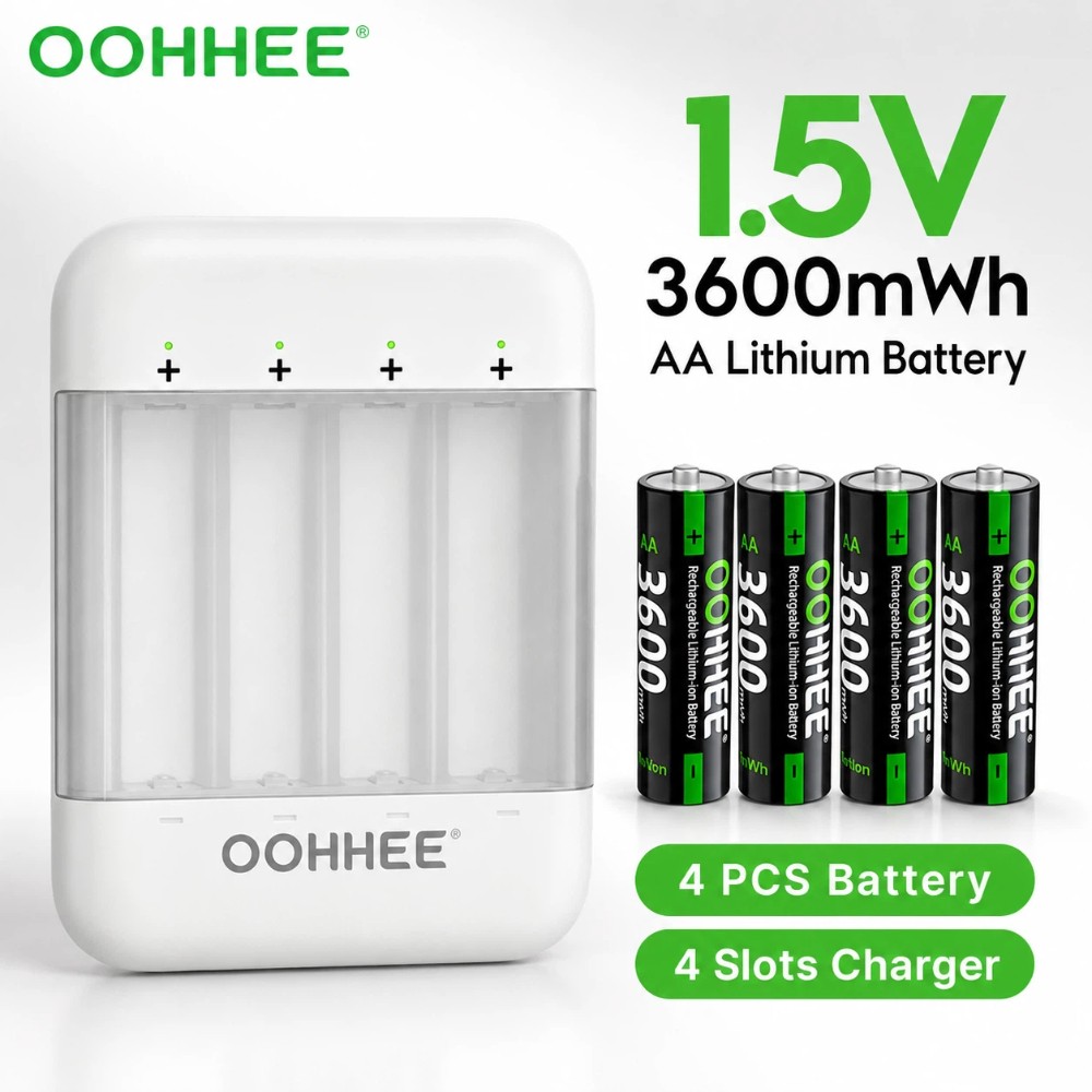 3600mWh 1.5V 4 Pack Rechargeable Lithium AA Batteries with Fast Charger Box NEW
