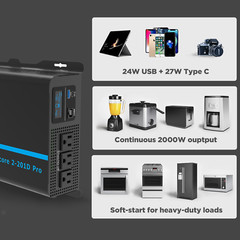 EDECOA Power Inverter Pure Sine Wave 12V DC to 120V 2000W AC USB Type C PRO