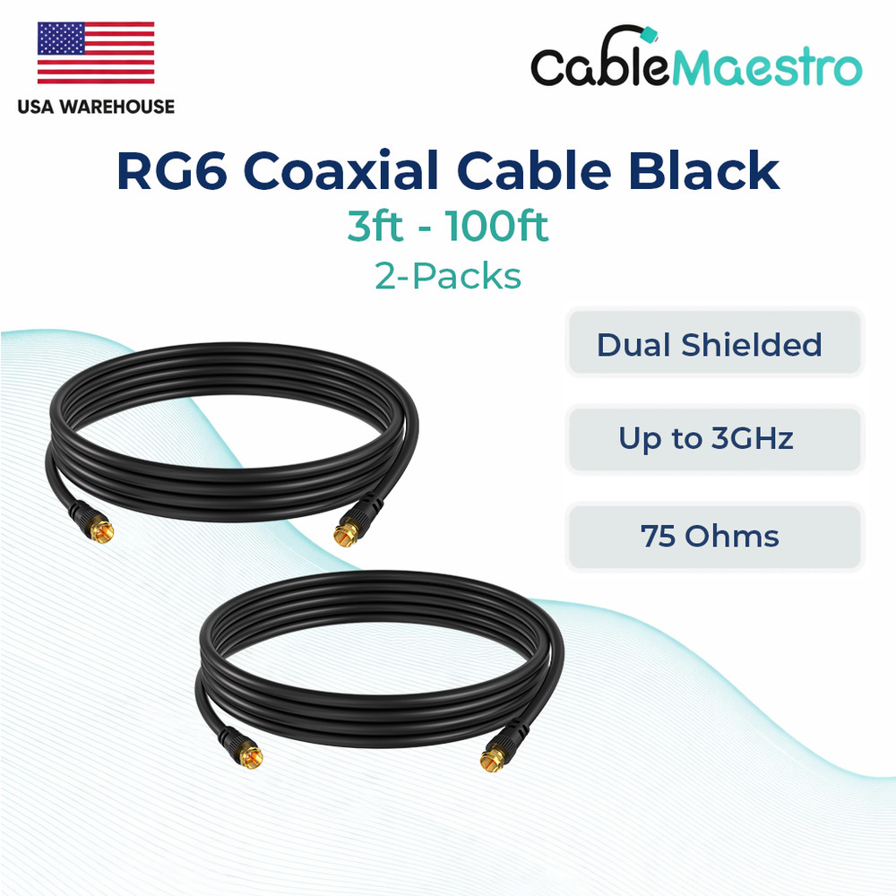 2-Pack RG6 Dual Shield Coax Cable Black 75Ohm TV Antenna Internet 3ft–100ft Lot