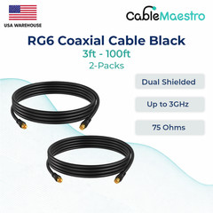 2-Pack RG6 Dual Shield Coax Cable Black 75Ohm TV Antenna Internet 3ft–100ft Lot