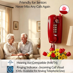 Traditional Red Wall Phones for Landline Mechanical Ringing, Classic 2554 Wall T