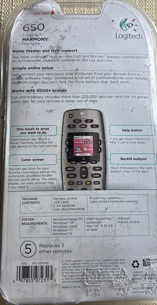 Logitech Harmony 650 Universal Color Screen Remote Silver New Sealed