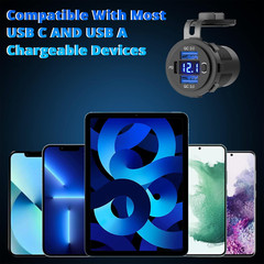 12-24V Dual USB Car Fast Charger Socket QC3.0 Port & PD Voltmeter Boat Marine RV