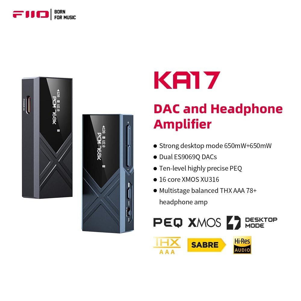 FiiO KA17 Portable USB DAC Audio HiFi Decoder, Dual ES9069Q PCM768DSD512 (Black)
