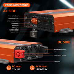 2080W Pure Sine Wave Inverter, 12V DC to 110V/120V AC, 6000W Peak, 5V/2.1A USB,